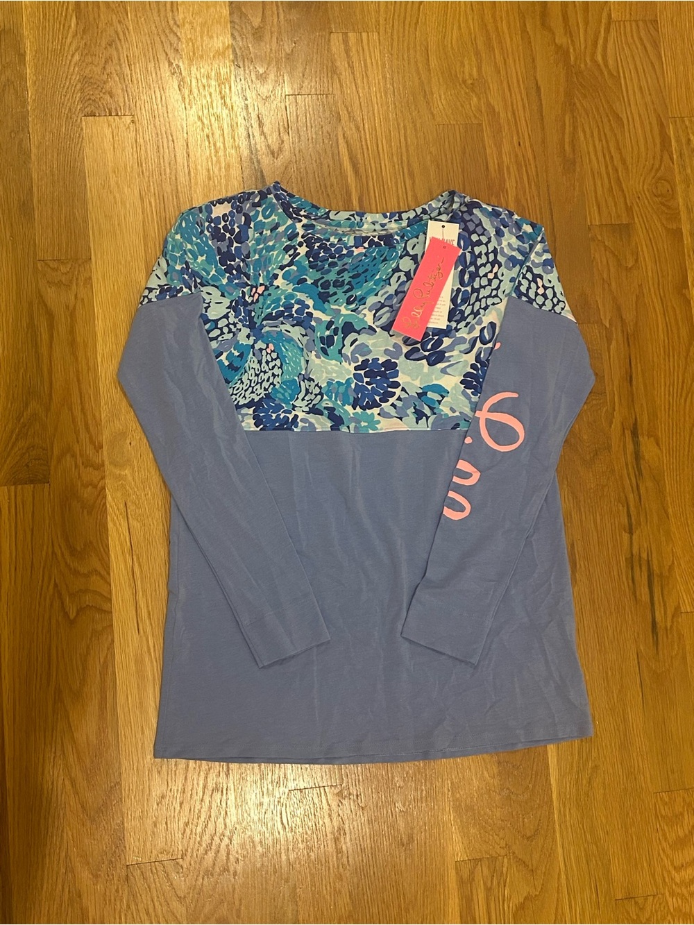 Lilly Pulitzer Blue Panel Floral Yoke Long Sleeve Tee with Pink Script